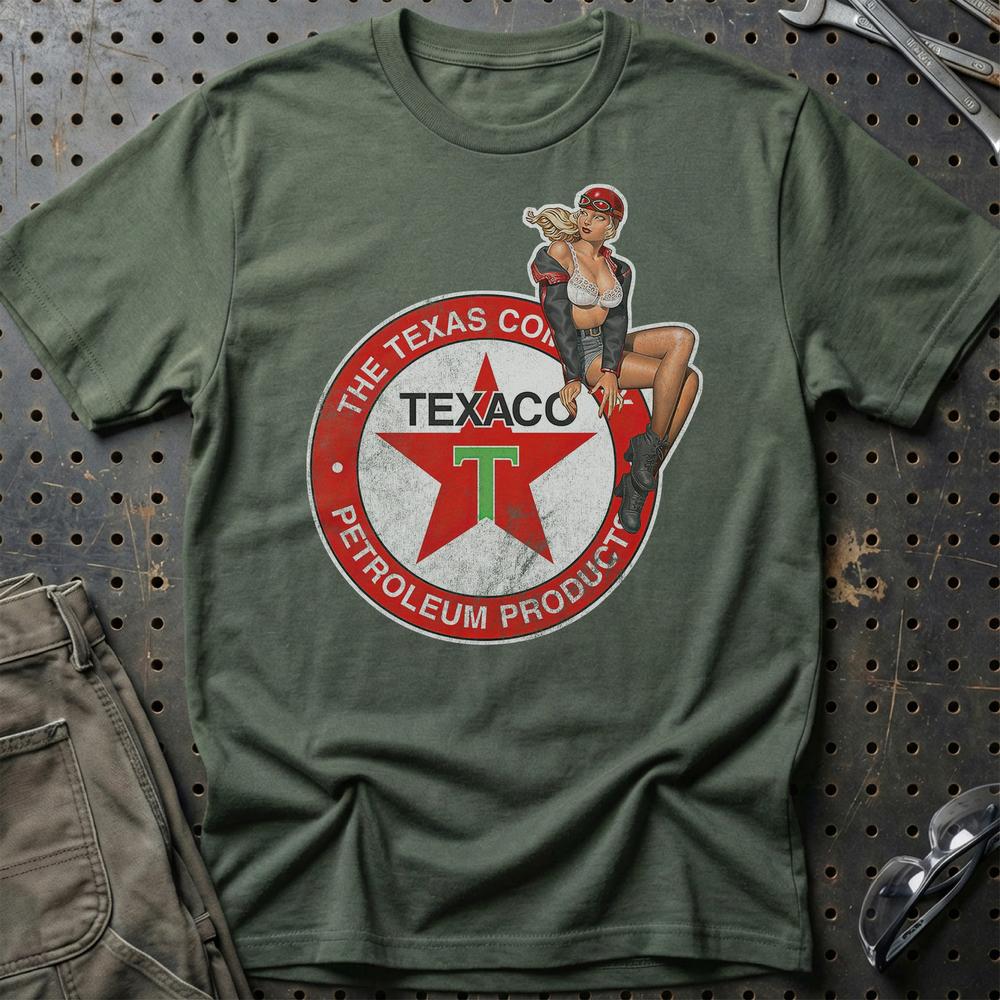 Texaco Pinup T-Shirt-Beklædning-Motoroil-Grøn Militær-S-Garage Culture Shop- garage - man cave - merchandise