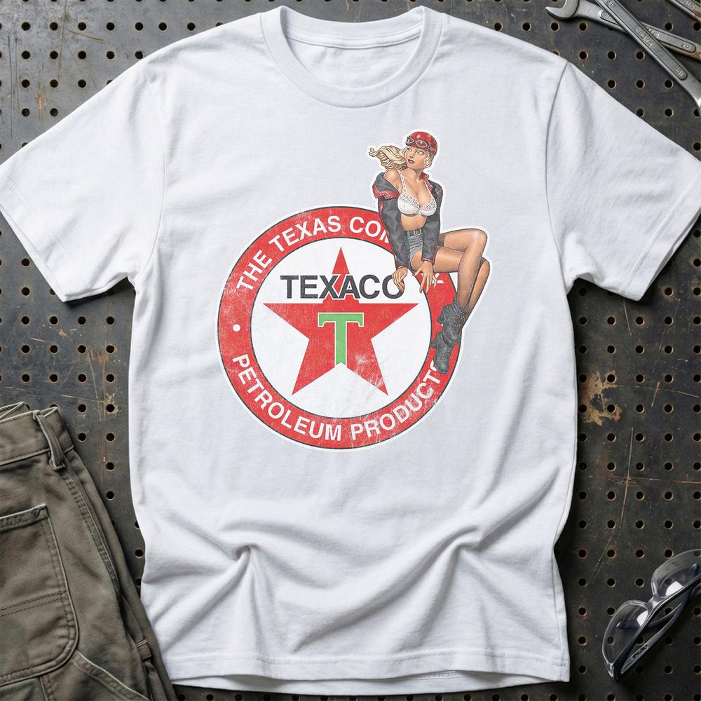 Texaco Pinup - Unisex T-Shirt , Bomuld-Beklædning-Motoroil-Hvid-S-Garage Culture Shop- garage - man cave - merchandise