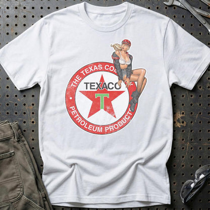 Texaco Pinup - Unisex T-Shirt , Bomuld-Beklædning-Motoroil-Hvid-S-Garage Culture Shop- garage - man cave - merchandise