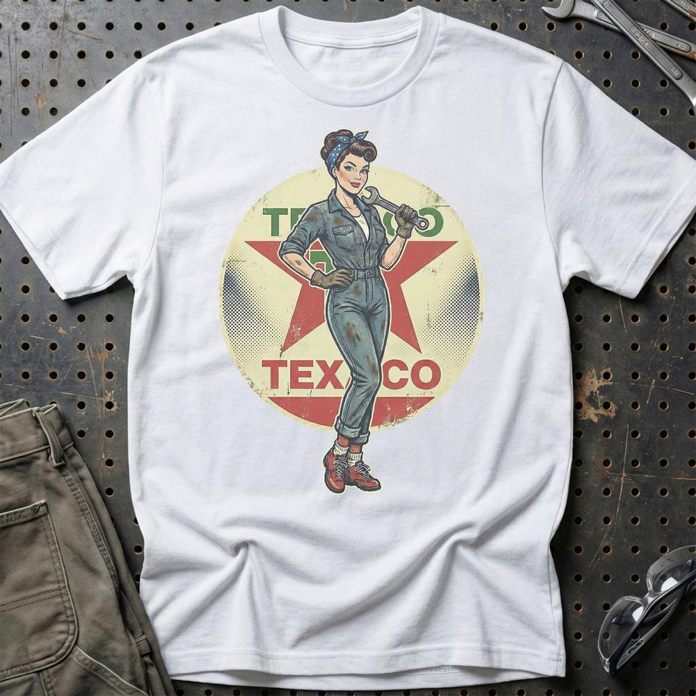 Texaco Pinup - Unisex T-Shirt , Bomuld-Beklædning-Motoroil-Hvid-S-Garage Culture Shop- garage - man cave - merchandise
