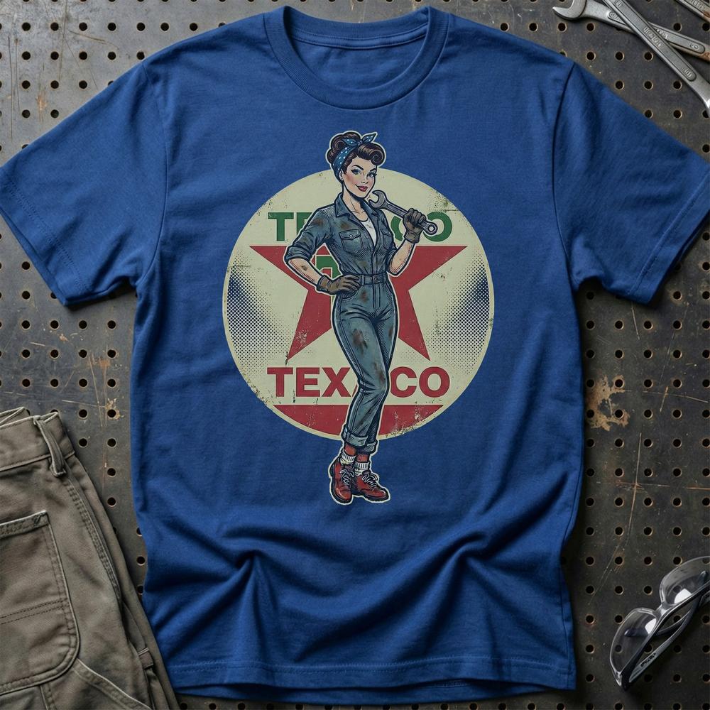Texaco Pinup - Unisex T-Shirt , Bomuld-Beklædning-Motoroil-Blå Royal-S-Garage Culture Shop- garage - man cave - merchandise