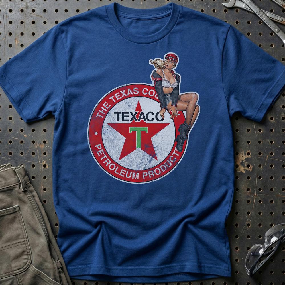 Texaco Pinup - Unisex T-Shirt , Bomuld-Beklædning-Motoroil-Blå Royal-S-Garage Culture Shop- garage - man cave - merchandise
