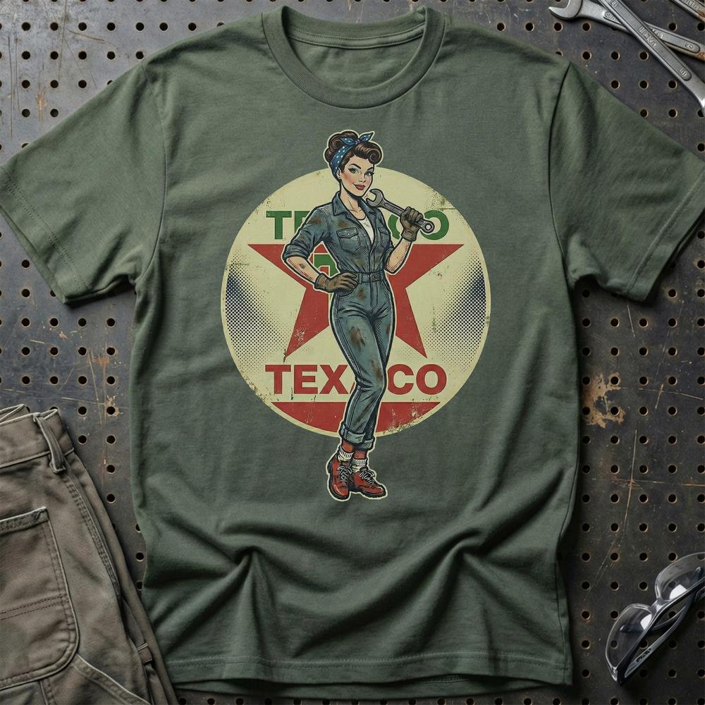 Texaco Pinup - Unisex T-Shirt , Bomuld-Beklædning-Motoroil-Grøn Militær-S-Garage Culture Shop- garage - man cave - merchandise