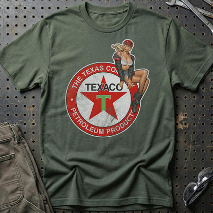 Texaco Pinup - Unisex T-Shirt , Bomuld-Beklædning-Motoroil-Grøn Militær-S-Garage Culture Shop- garage - man cave - merchandise