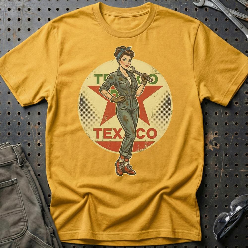 Texaco Pinup - Unisex T-Shirt , Bomuld-Beklædning-Motoroil-Guld-S-Garage Culture Shop- garage - man cave - merchandise