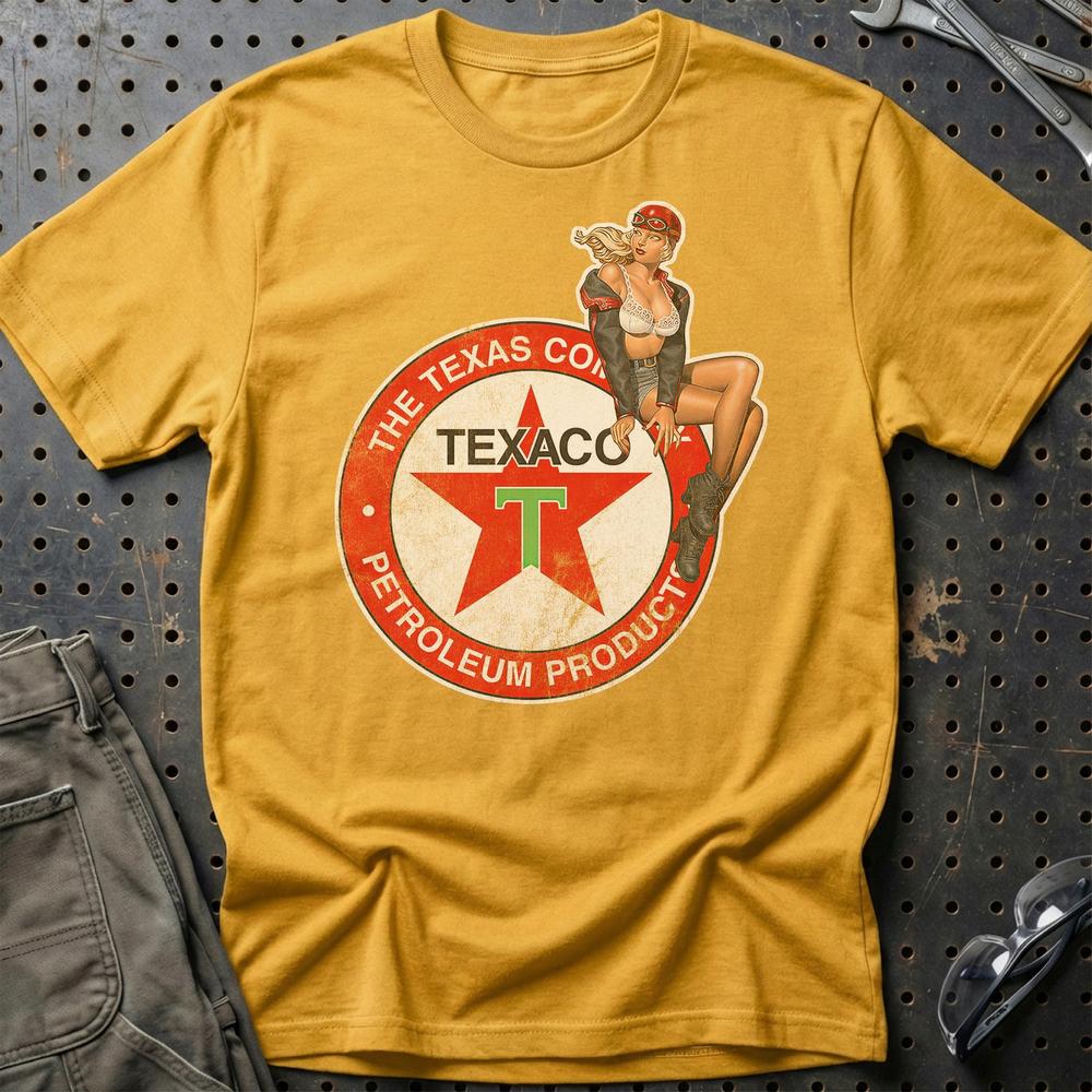 Texaco Pinup - Unisex T-Shirt , Bomuld-Beklædning-Motoroil-Guld-S-Garage Culture Shop- garage - man cave - merchandise