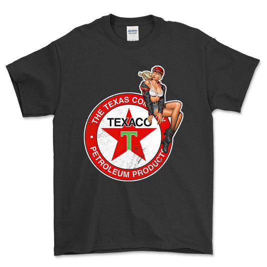 Texaco Pinup - Unisex T-Shirt , Bomuld-Beklædning-Motoroil-Sort-S-Forside-Garage Culture Shop- garage - man cave - merchandise
