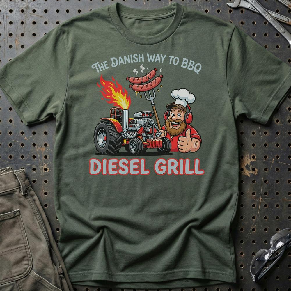 The Danish Way To BBQ Disel Grill Tractor Pulling - Unisex T-Shirt , Bomuld-Beklædning-Garage Culture-Grøn Militær-S-Garage Culture Shop- garage - man cave - merchandise