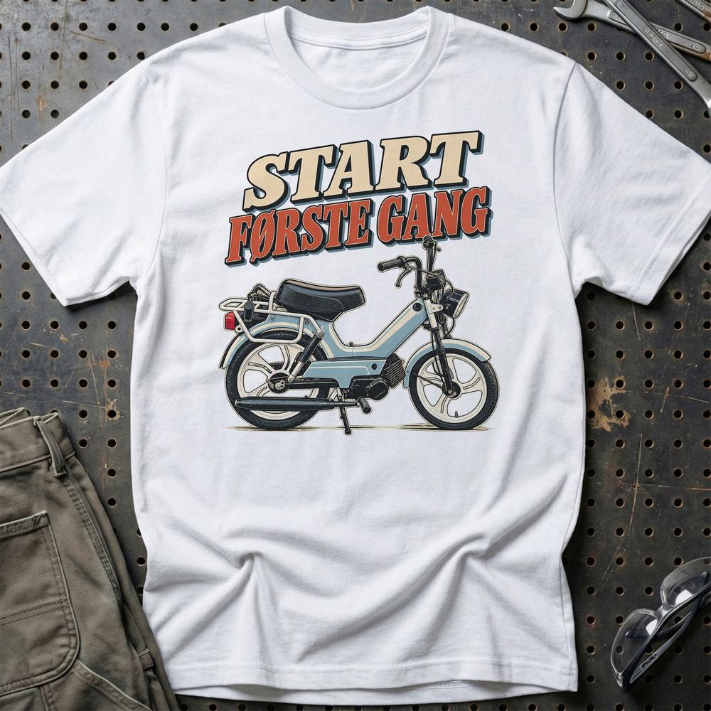 Tomos A35 S – Start Første Gang T-Shirt-Beklædning-Tomos-Hvid-S-Garage Culture Shop- garage - man cave - merchandise