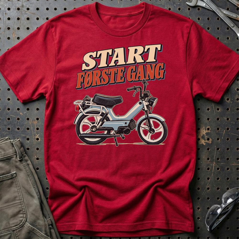 Tomos A35 S – Start Første Gang T-Shirt-Beklædning-Tomos-Rød-S-Garage Culture Shop- garage - man cave - merchandise