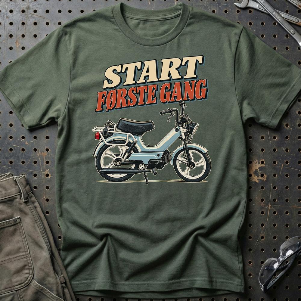 Tomos A35 S – Start Første Gang T-Shirt-Beklædning-Tomos-Grøn Militær-S-Garage Culture Shop- garage - man cave - merchandise