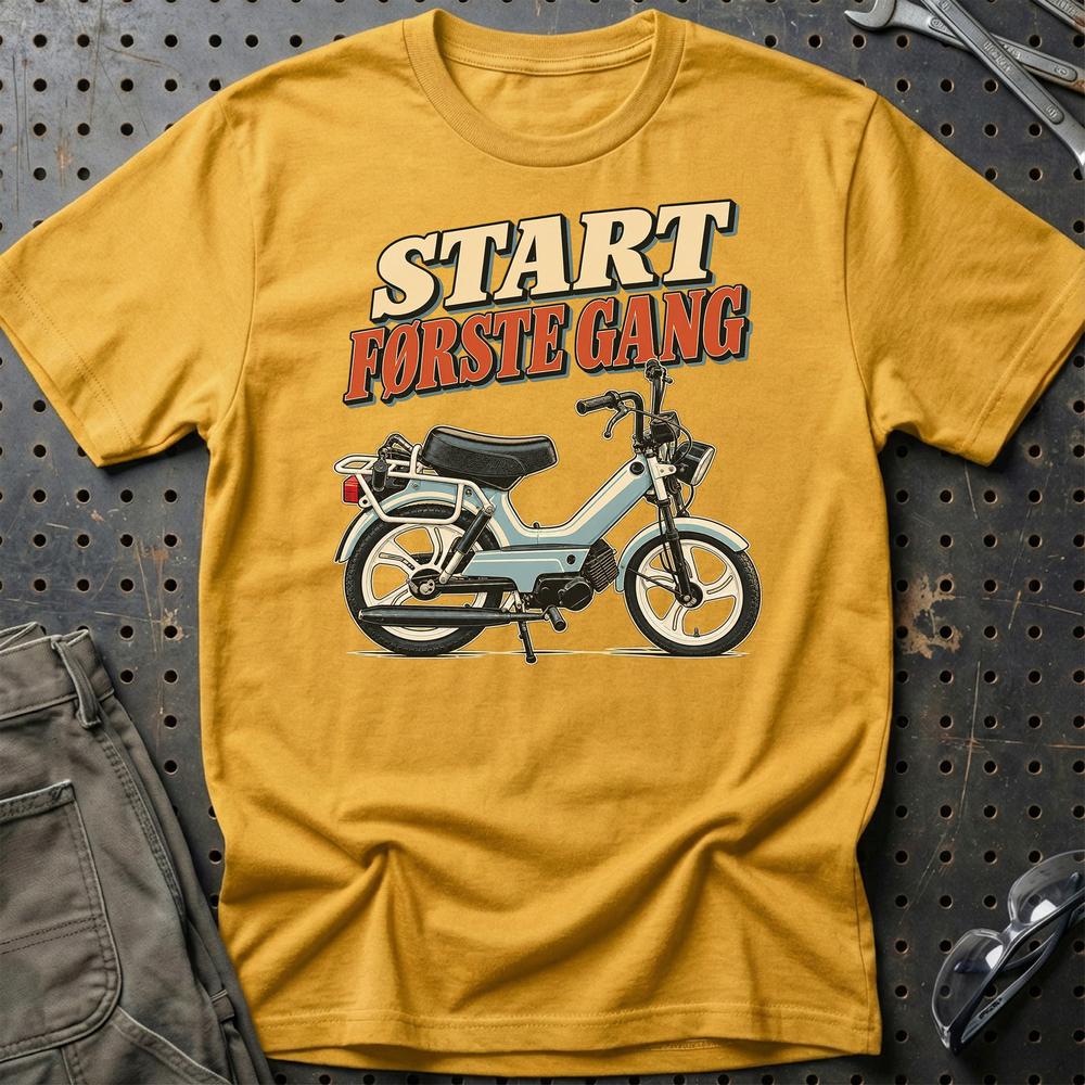Tomos A35 S – Start Første Gang T-Shirt-Beklædning-Tomos-Guld-S-Garage Culture Shop- garage - man cave - merchandise