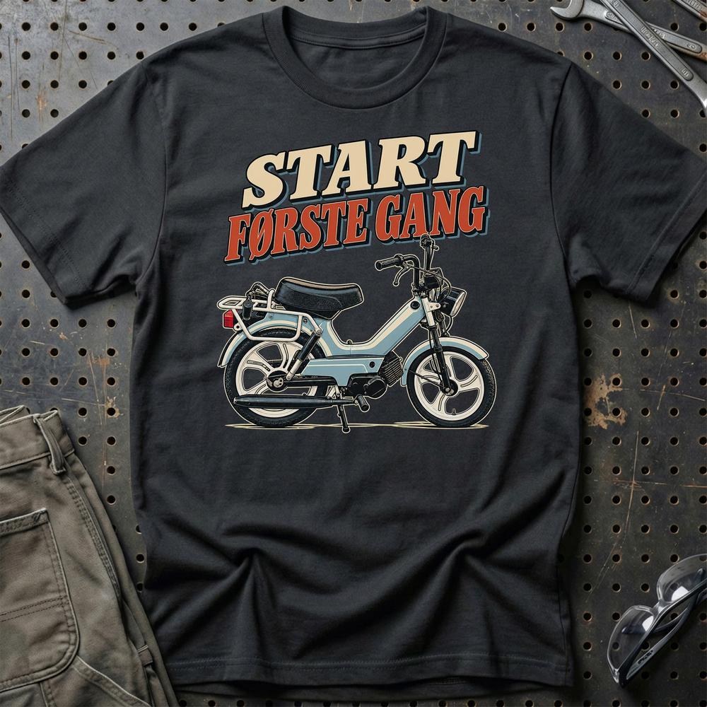 Tomos A35 S – Start Første Gang T-Shirt-Beklædning-Tomos-Sort-S-Garage Culture Shop- garage - man cave - merchandise