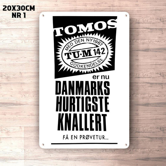 Tomos Denmarks Hurtigste Knallert Annoncere Reproduktion Skilte, Musemåtte, Dørmåtte-Skilte-Tomos-Aluminiumskilte 20x30 cm-Ren-Denmarks Hurtigste Knallert-Garage Culture Shop- garage - man cave - merchandise