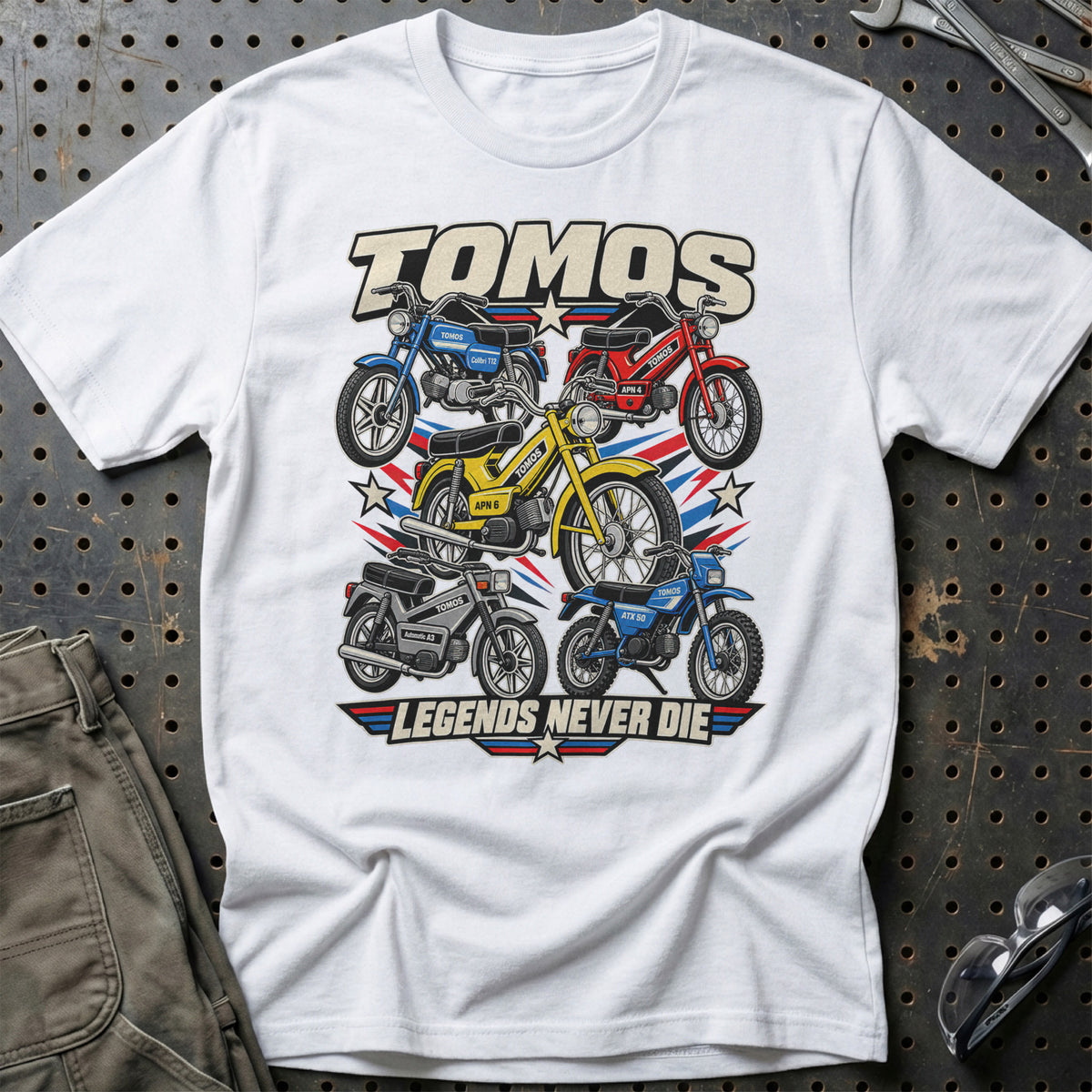 Tomos Legends Never Die T-Shirt-Beklædning-Tomos-Hvid-S-Garage Culture Shop- garage - man cave - merchandise