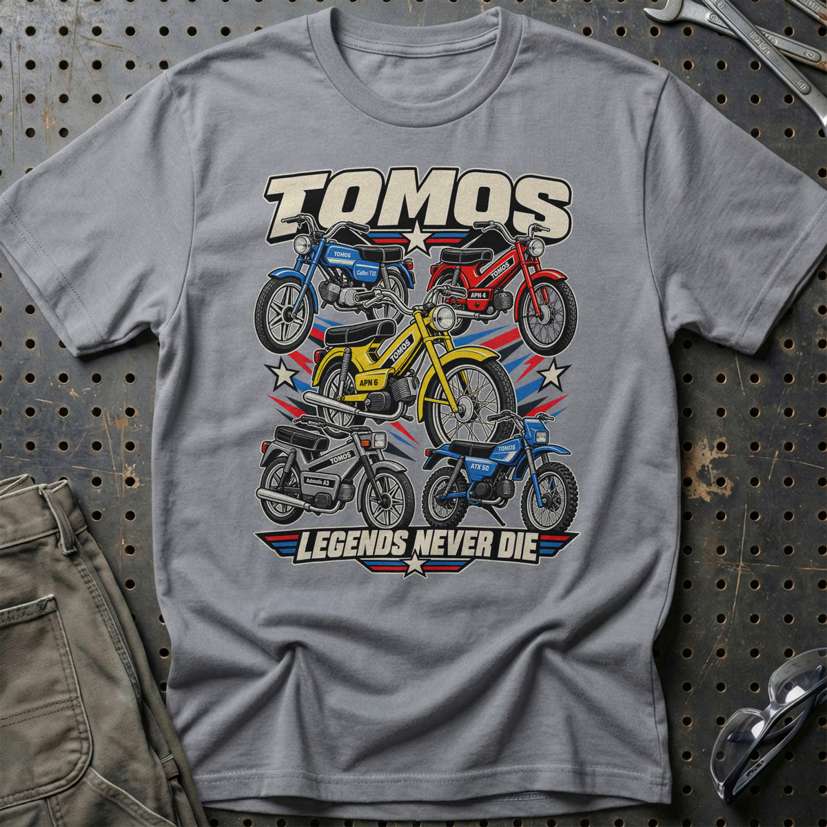 Tomos Legends Never Die T-Shirt-Beklædning-Tomos-Grå Sport-S-Garage Culture Shop- garage - man cave - merchandise