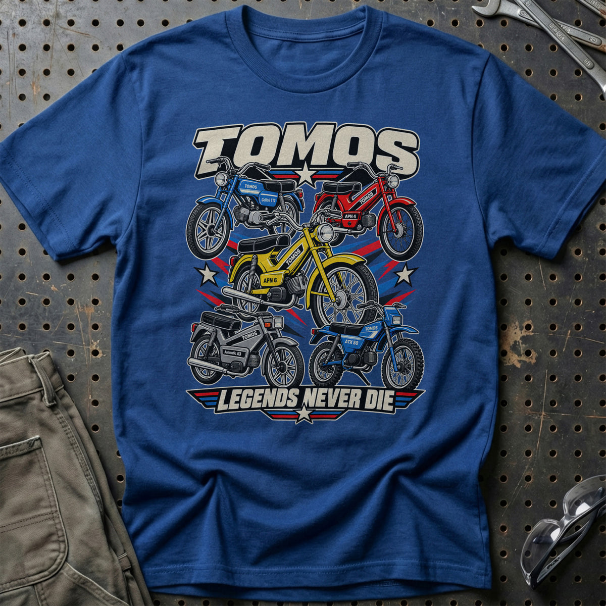 Tomos Legends Never Die T-Shirt-Beklædning-Tomos-Blå Royal-S-Garage Culture Shop- garage - man cave - merchandise