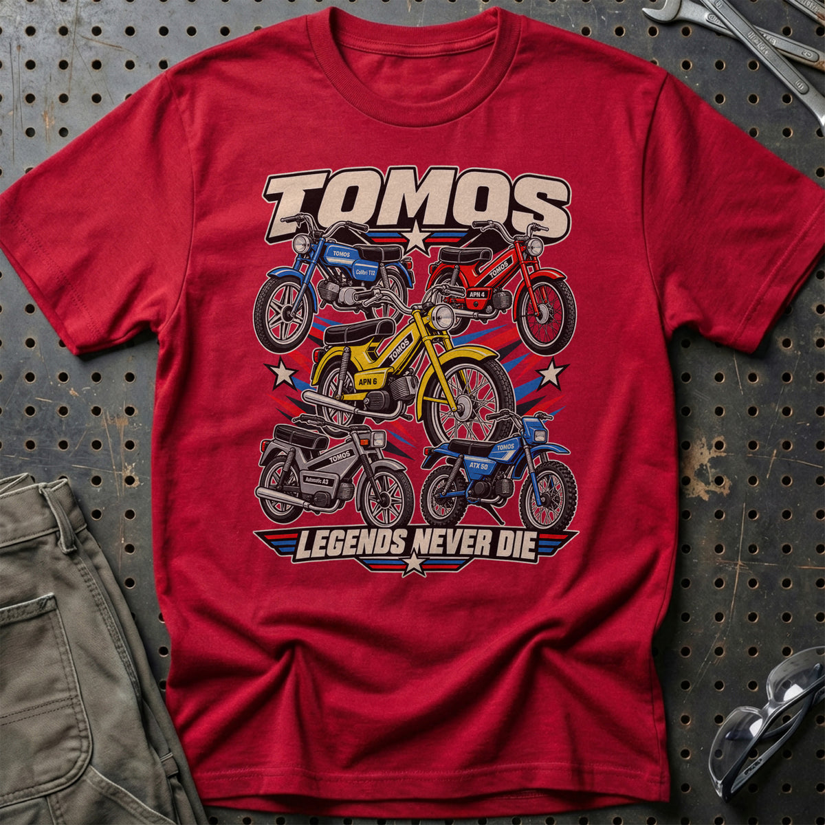 Tomos Legends Never Die T-Shirt-Beklædning-Tomos-Rød-S-Garage Culture Shop- garage - man cave - merchandise