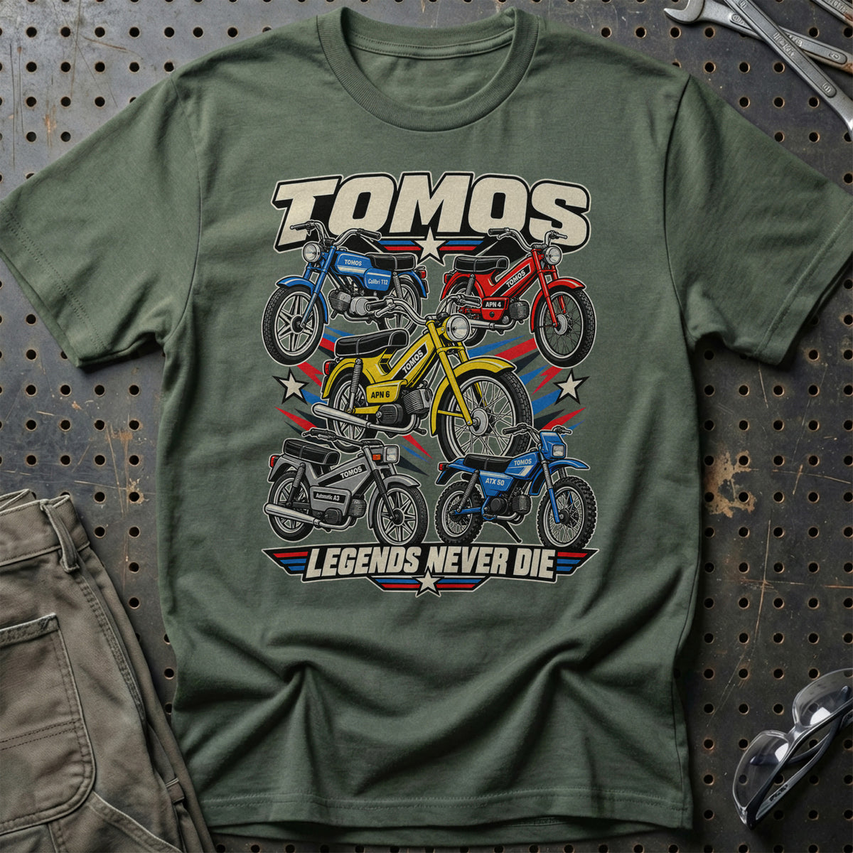 Tomos Legends Never Die T-Shirt-Beklædning-Tomos-Grøn Militær-S-Garage Culture Shop- garage - man cave - merchandise