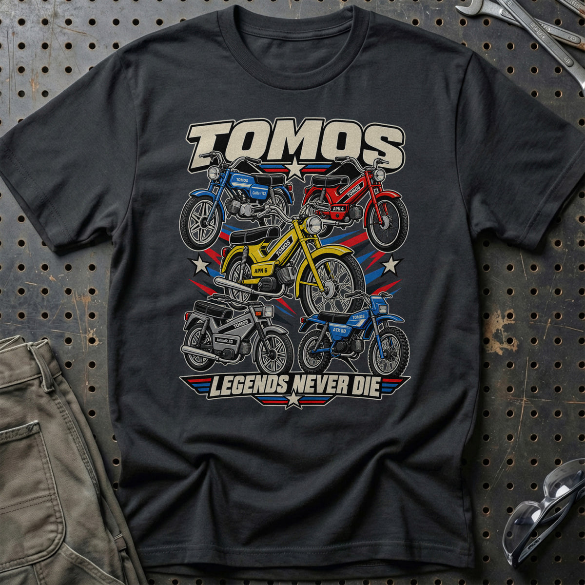 Tomos Legends Never Die T-Shirt-Beklædning-Tomos-Sort-S-Garage Culture Shop- garage - man cave - merchandise
