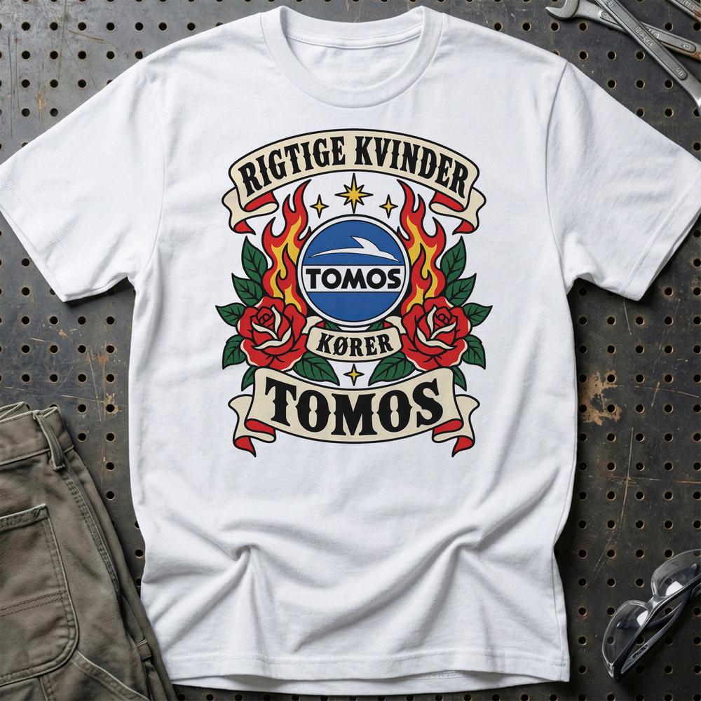 Tomos Rigtige Kvinder Kører – Roser og Flammer T-Shirt-Beklædning-Tomos-Hvid-S-Garage Culture Shop- garage - man cave - merchandise