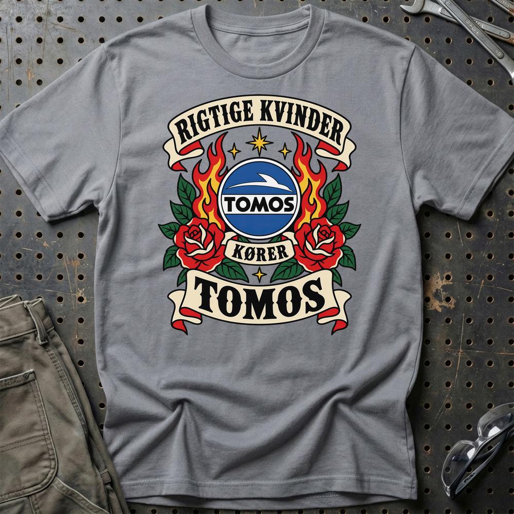 Tomos Rigtige Kvinder Kører – Roser og Flammer T-Shirt-Beklædning-Tomos-Grå Sport-S-Garage Culture Shop- garage - man cave - merchandise