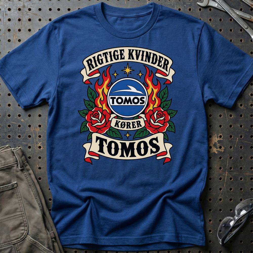 Tomos Rigtige Kvinder Kører – Roser og Flammer T-Shirt-Beklædning-Tomos-Blå Royal-S-Garage Culture Shop- garage - man cave - merchandise