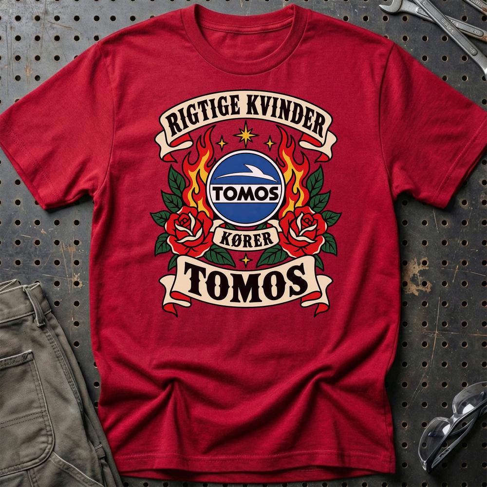 Tomos Rigtige Kvinder Kører – Roser og Flammer T-Shirt-Beklædning-Tomos-Rød-S-Garage Culture Shop- garage - man cave - merchandise