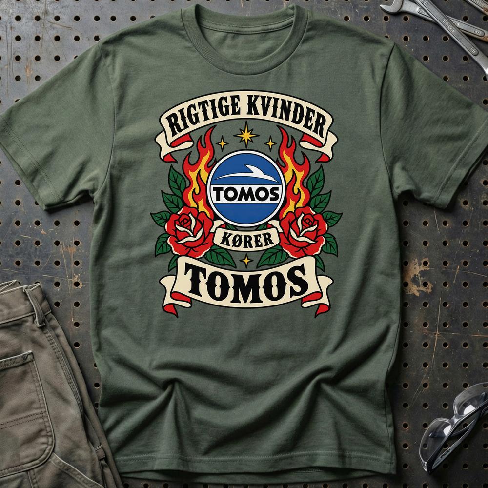 Tomos Rigtige Kvinder Kører – Roser og Flammer T-Shirt-Beklædning-Tomos-Grøn Militær-S-Garage Culture Shop- garage - man cave - merchandise