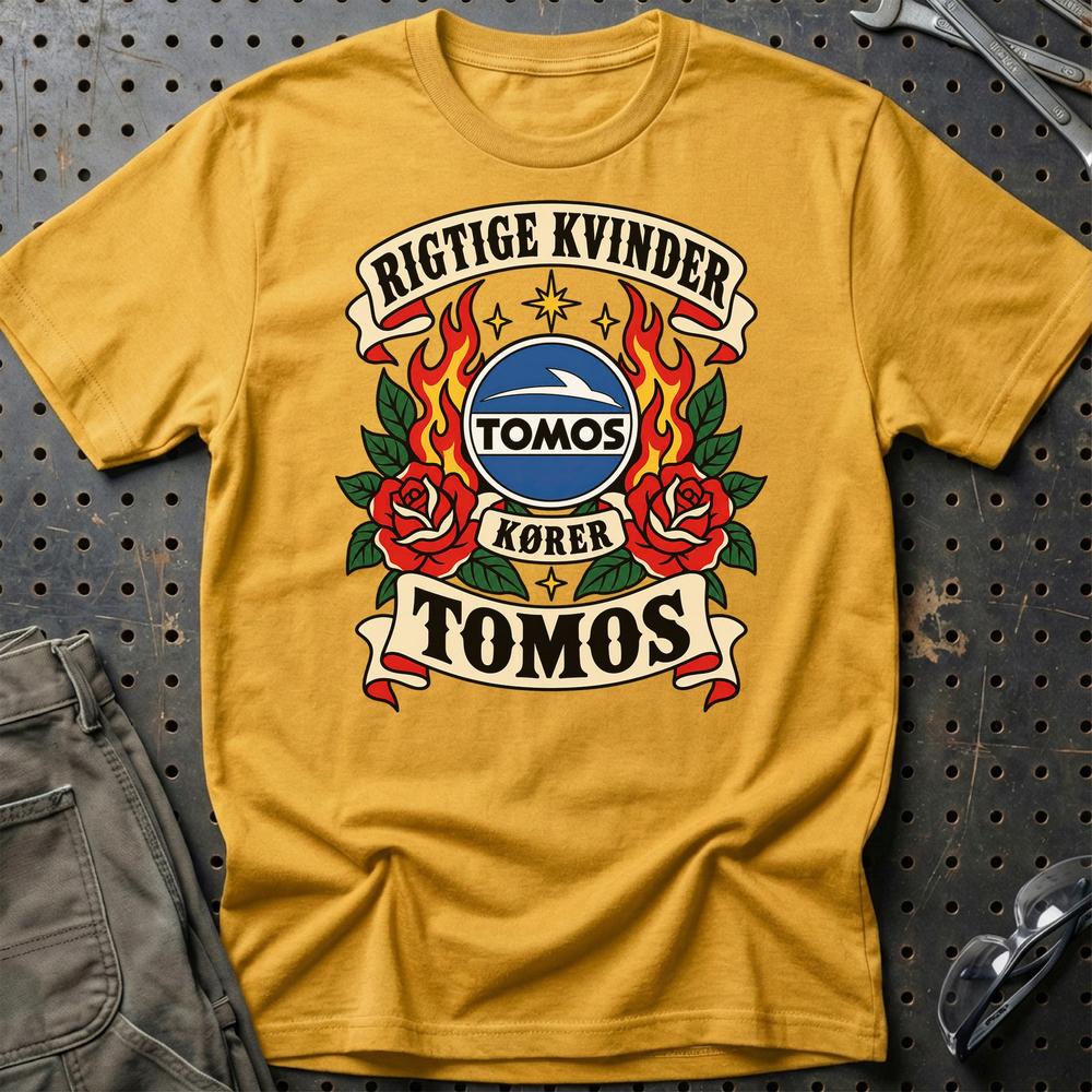 Tomos Rigtige Kvinder Kører – Roser og Flammer T-Shirt-Beklædning-Tomos-Guld-S-Garage Culture Shop- garage - man cave - merchandise