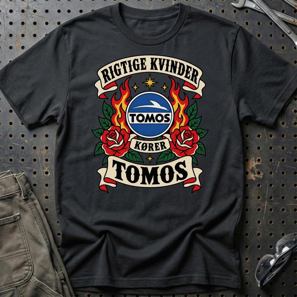 Tomos Rigtige Kvinder Kører – Roser og Flammer T-Shirt-Beklædning-Tomos-Sort-S-Garage Culture Shop- garage - man cave - merchandise