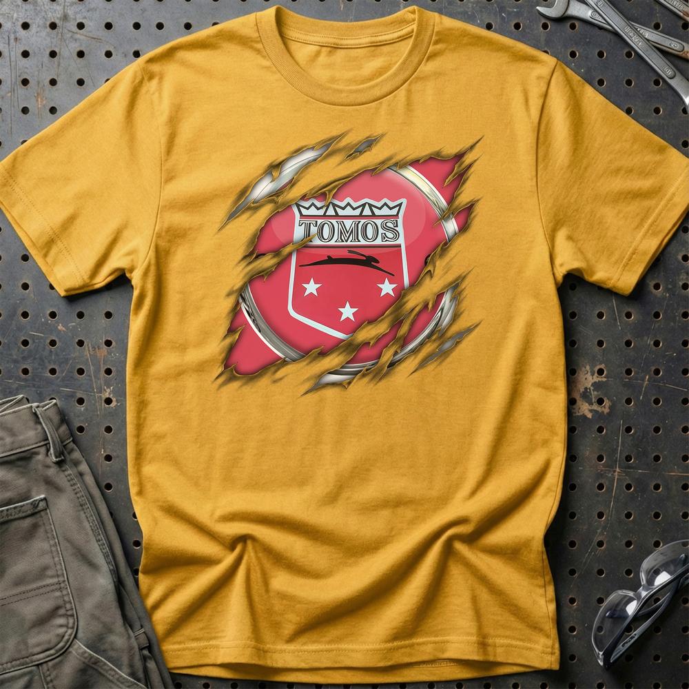 Tomos Ripped T-Shirt-Beklædning-Tomos-Guld-S-Garage Culture Shop- garage - man cave - merchandise