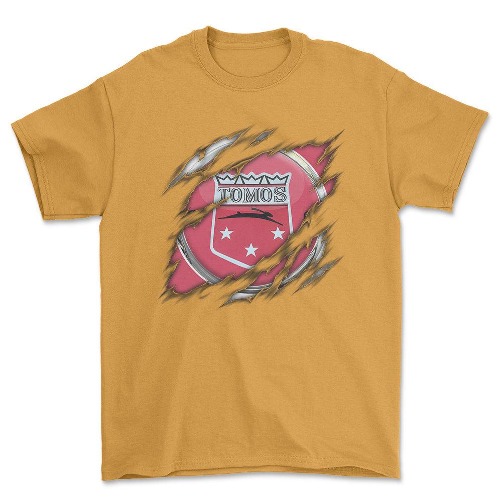 Tomos Ripped Unisex T-Shirt , Bomuld-Beklædning-Tomos-Guld-S-Forside-Garage Culture Shop- garage - man cave - merchandise