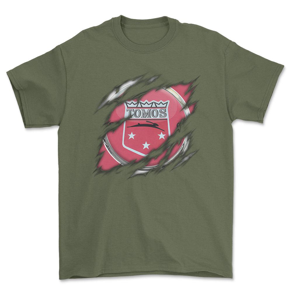 Tomos Ripped Unisex T-Shirt , Bomuld-Beklædning-Tomos-Grøn Militær-S-Forside-Garage Culture Shop- garage - man cave - merchandise
