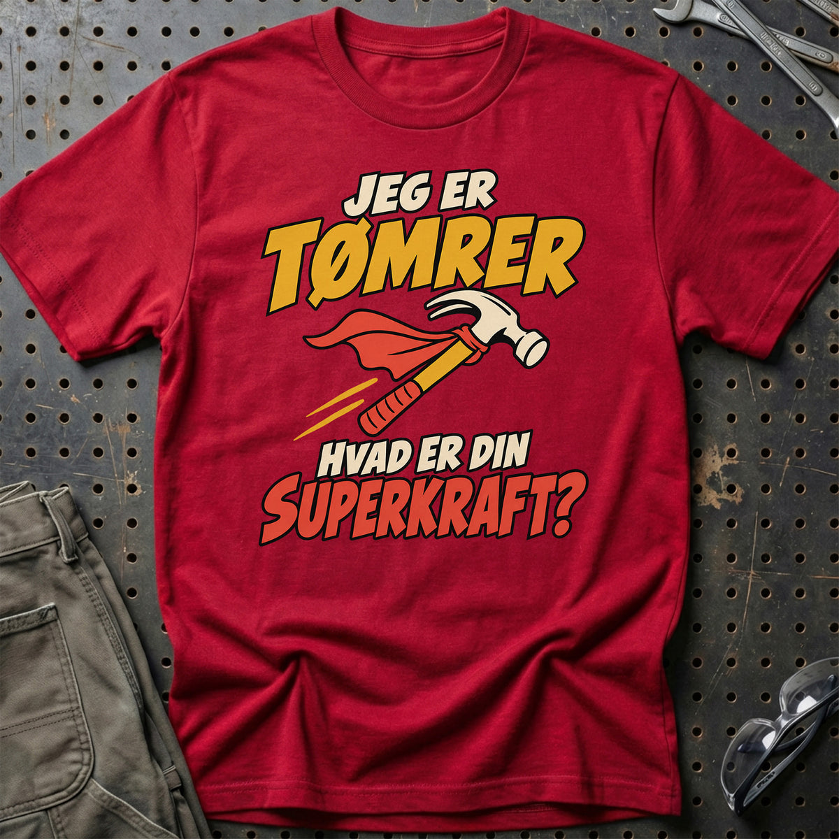 
Tømrer – Hvad er din superkraft? – Unisex T-Shirt – Rød