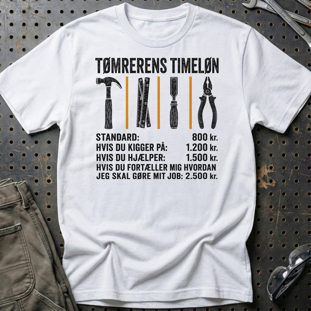 Tømrerens Timeløn - Unisex T-Shirt , Bomuld-Beklædning-Garage Culture-Hvid-S-Garage Culture Shop- garage - man cave - merchandise