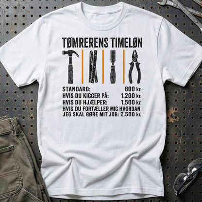 Tømrerens Timeløn - Unisex T-Shirt , Bomuld-Beklædning-Garage Culture-Hvid-S-Garage Culture Shop- garage - man cave - merchandise