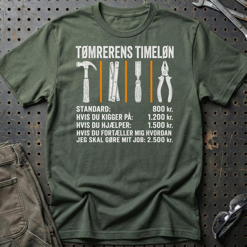 Tømrerens Timeløn - Unisex T-Shirt , Bomuld-Beklædning-Garage Culture-Grøn Militær-S-Garage Culture Shop- garage - man cave - merchandise