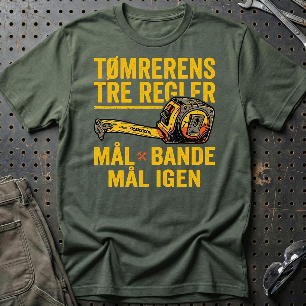 
Produktbillede af Tømrerens Tre Regler - Mål Bande Mål Igen T-Shirt