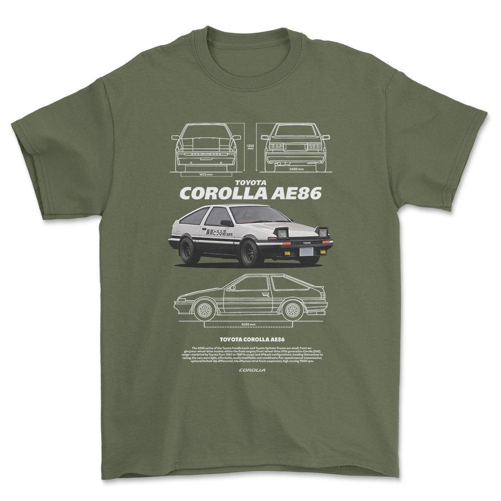 Toyota Corolla AE86 T-Shirt-Beklædning-Toyota-Grøn Militær-S-Garage Culture Shop- garage - man cave - merchandise