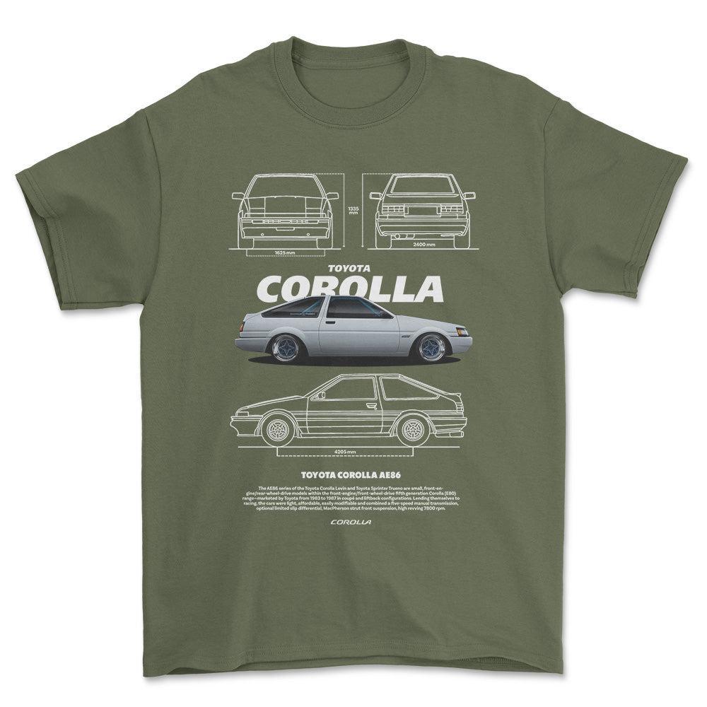 Toyota Corolla AE86 T-Shirt-Beklædning-Toyota-Grøn Militær-S-Garage Culture Shop- garage - man cave - merchandise