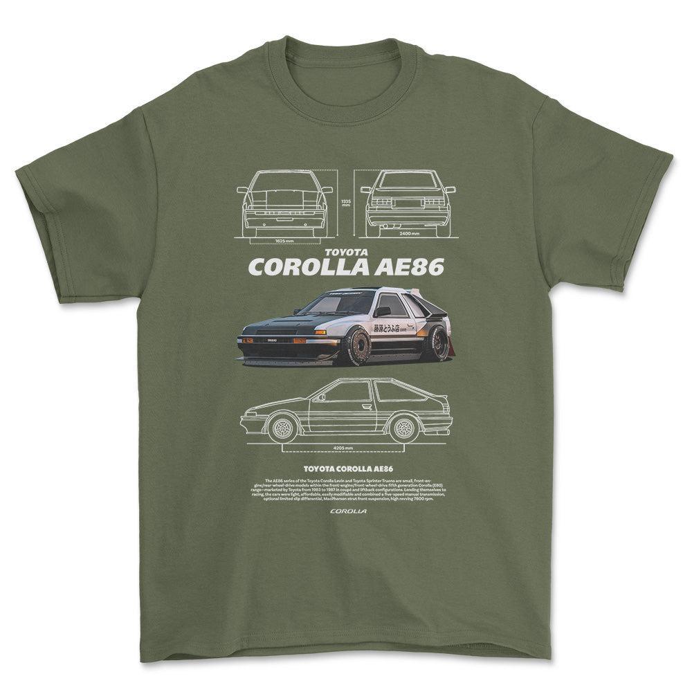 Toyota Corolla AE86 T-Shirt-Beklædning-Toyota-Grøn Militær-S-Garage Culture Shop- garage - man cave - merchandise