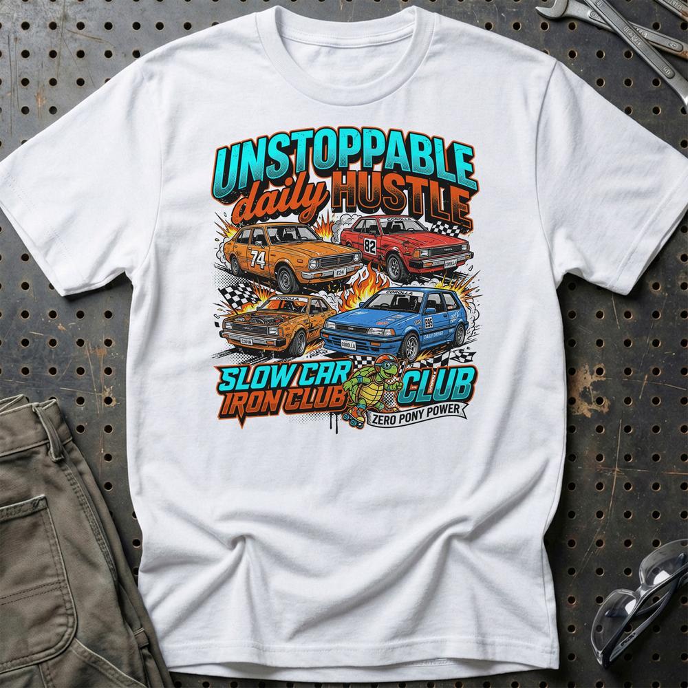 Toyota Corolla Unstoppable Daily Hustle Iron Club T-Shirt-Beklædning-Toyota-Hvid-S-Garage Culture Shop- garage - man cave - merchandise