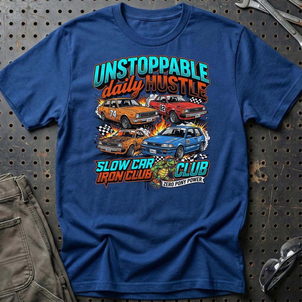Toyota Corolla Unstoppable Daily Hustle Iron Club T-Shirt-Beklædning-Toyota-Blå Royal-S-Garage Culture Shop- garage - man cave - merchandise