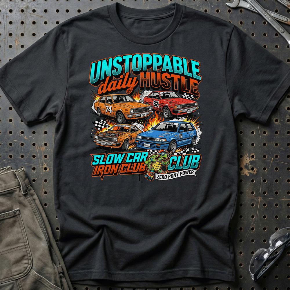 Toyota Corolla Unstoppable Daily Hustle Iron Club T-Shirt-Beklædning-Toyota-Sort-S-Garage Culture Shop- garage - man cave - merchandise
