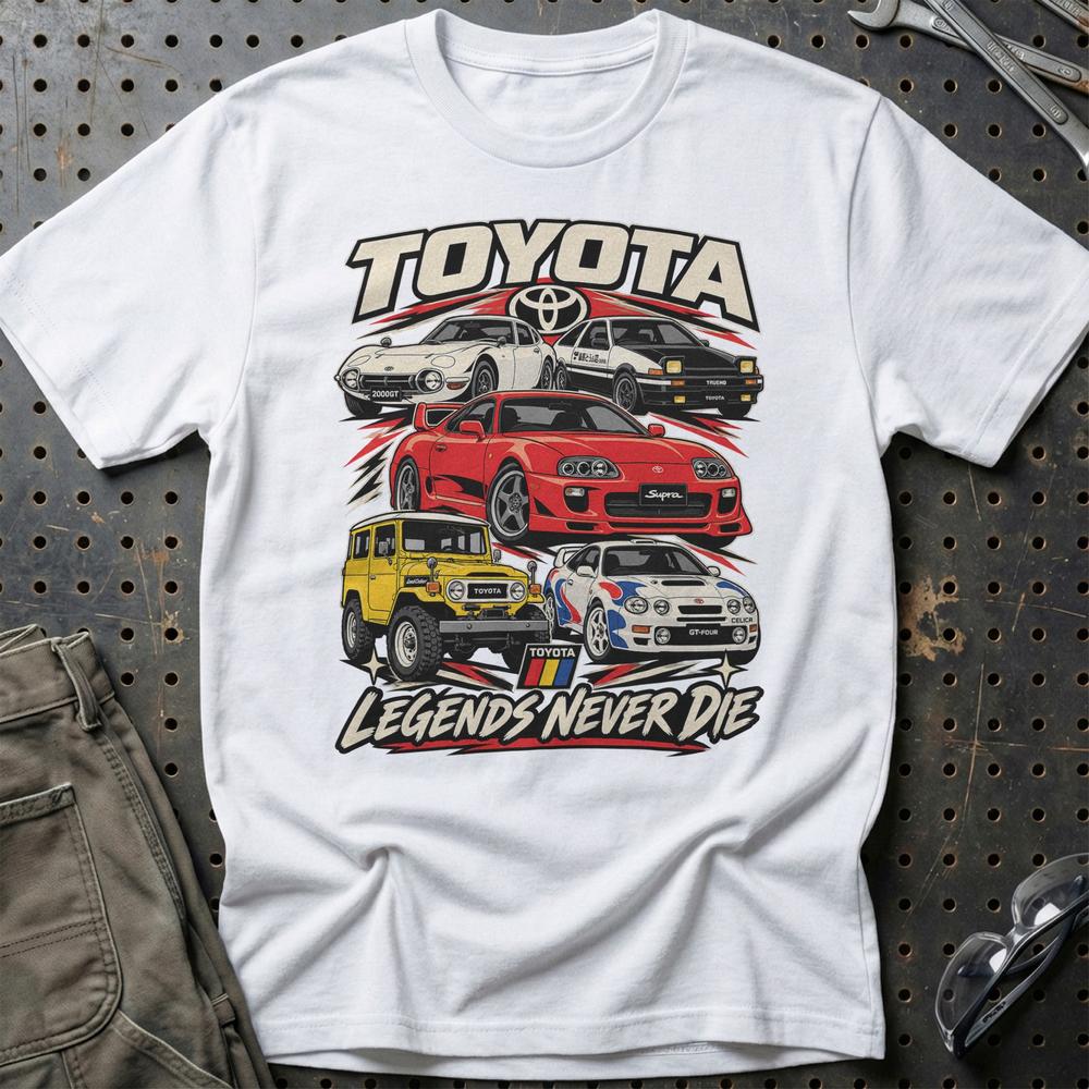 Toyota Legends Never Die T-Shirt-Beklædning-Toyota-Hvid-S-Garage Culture Shop- garage - man cave - merchandise