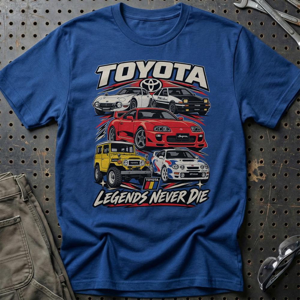 Toyota Legends Never Die T-Shirt-Beklædning-Toyota-Blå Royal-S-Garage Culture Shop- garage - man cave - merchandise
