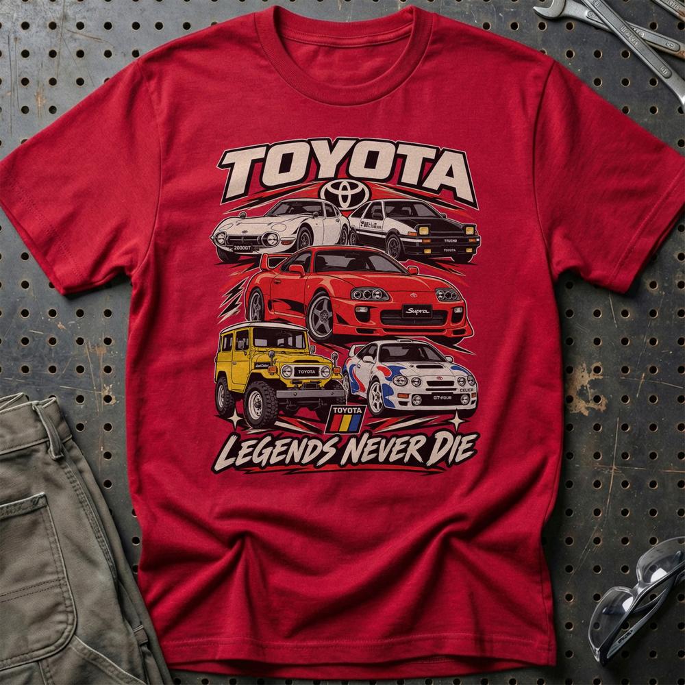 Toyota Legends Never Die T-Shirt-Beklædning-Toyota-Rød-S-Garage Culture Shop- garage - man cave - merchandise