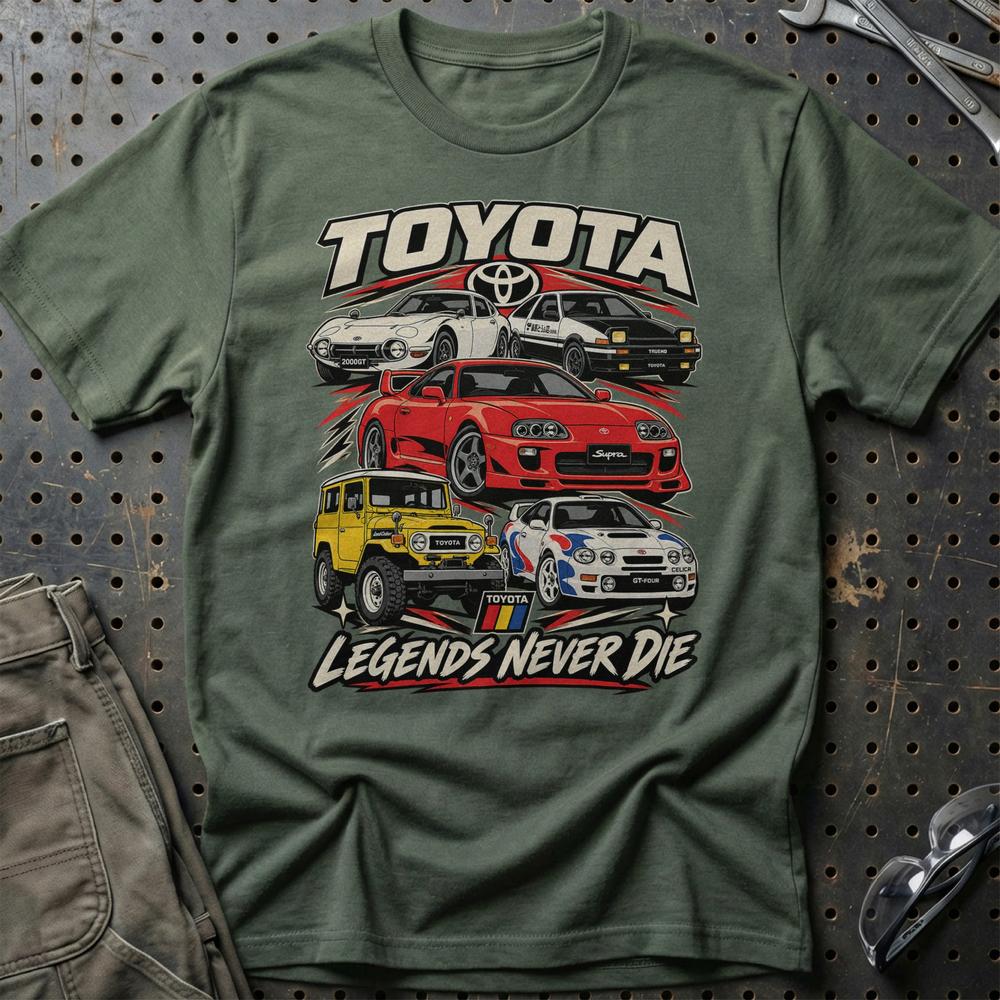 Toyota Legends Never Die T-Shirt-Beklædning-Toyota-Grøn Militær-S-Garage Culture Shop- garage - man cave - merchandise