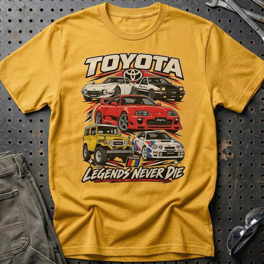 Toyota Legends Never Die T-Shirt-Beklædning-Toyota-Guld-S-Garage Culture Shop- garage - man cave - merchandise